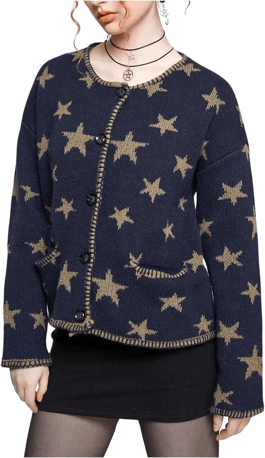 SOLY HUX Women's Star Print Cardigan Button Down Round Neck Long Sleeve Casual Sweater with Pockets