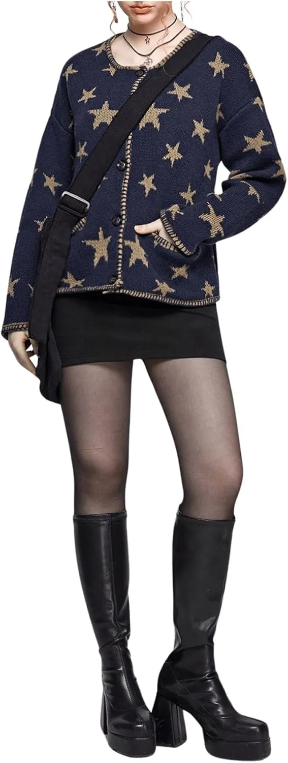 SOLY HUX Women's Star Print Cardigan Button Down Round Neck Long Sleeve Casual Sweater with Pockets