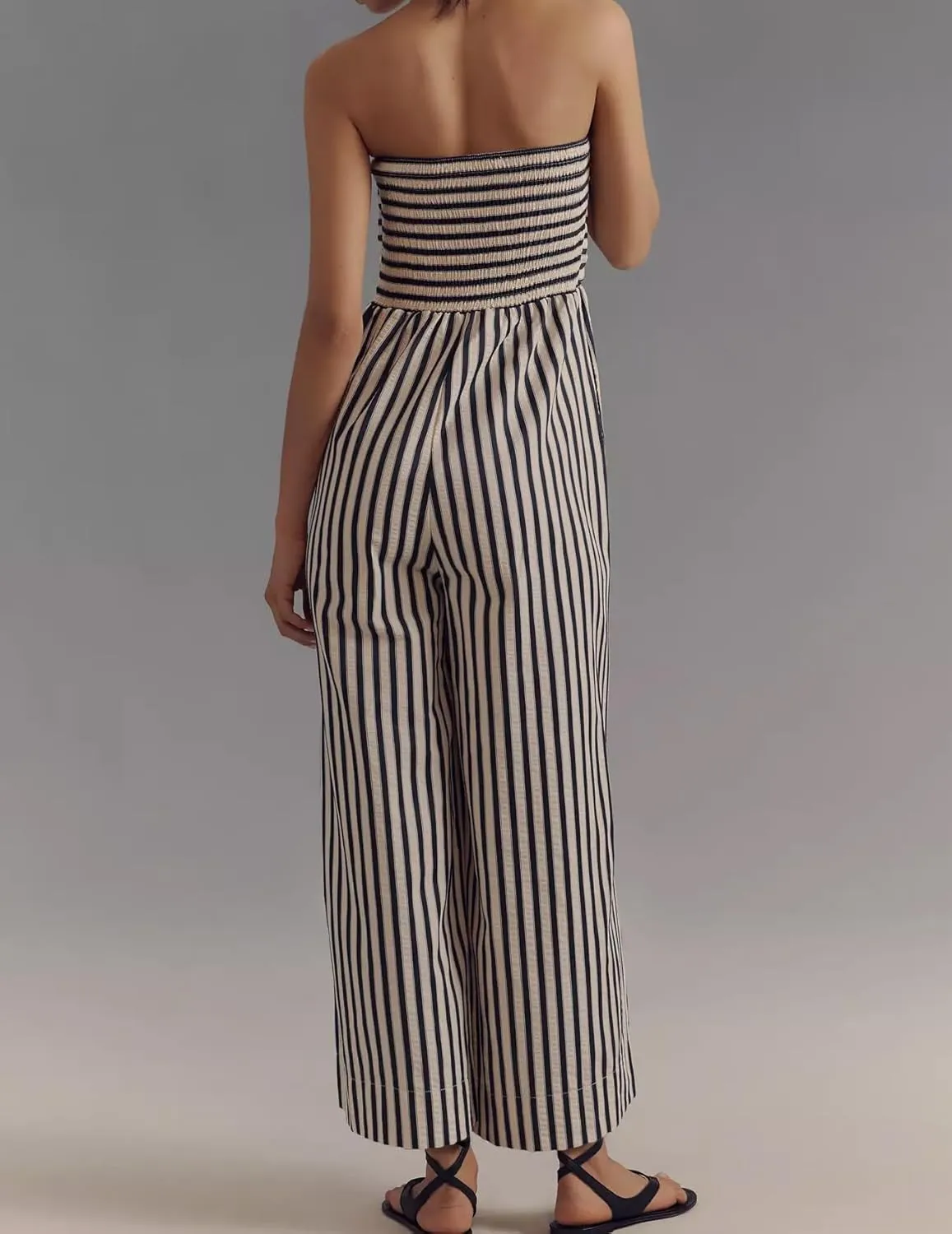 Strapless Tie Front Striped Jumpsuit for Women 2025 Summer One Piece Sleeveless Wide Leg Long Rompers with Pockets