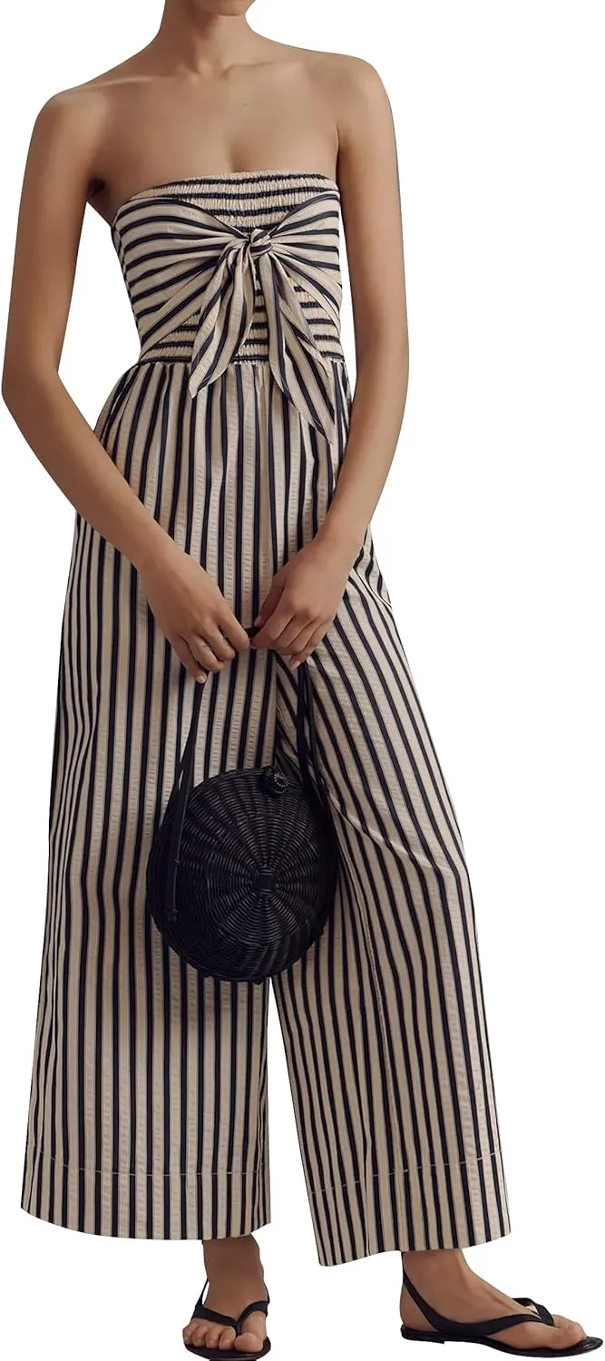Strapless Tie Front Striped Jumpsuit for Women 2025 Summer One Piece Sleeveless Wide Leg Long Rompers with Pockets