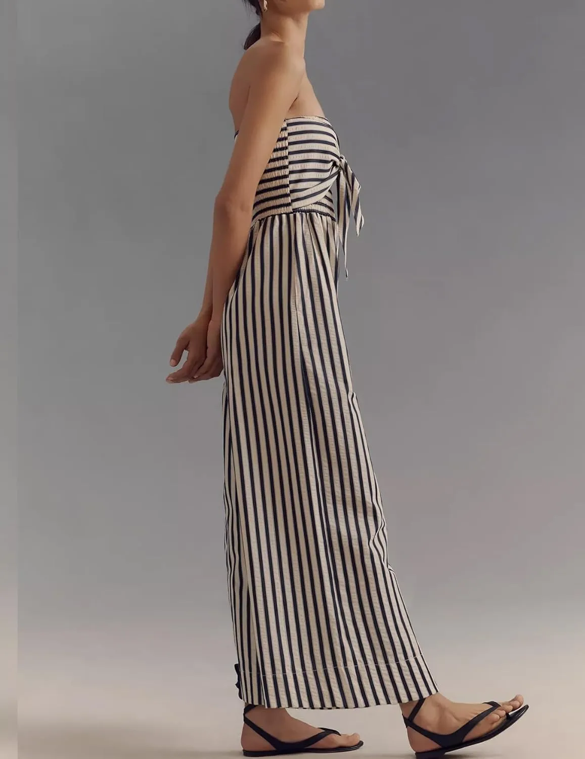 Strapless Tie Front Striped Jumpsuit for Women 2025 Summer One Piece Sleeveless Wide Leg Long Rompers with Pockets
