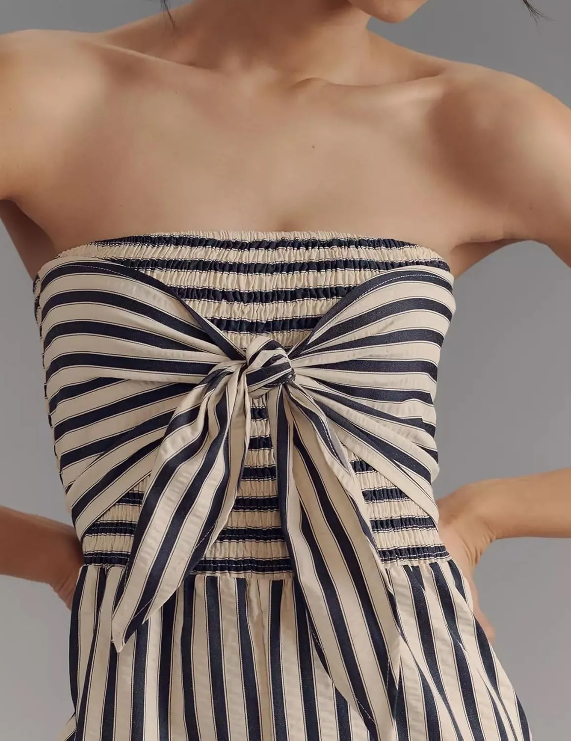 Strapless Tie Front Striped Jumpsuit for Women 2025 Summer One Piece Sleeveless Wide Leg Long Rompers with Pockets