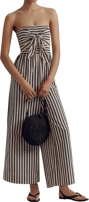 Strapless Tie Front Striped Jumpsuit for Women 2025 Summer One Piece Sleeveless Wide Leg Long Rompers with Pockets