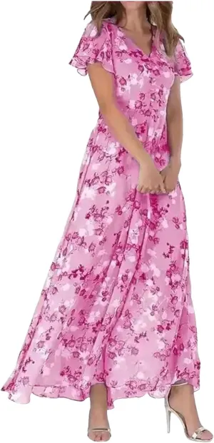 Summer Dresses for Women 2025 Swing Flowy Ruffle Hem Chiffon Floral Dresses Elegant Wrap V Neck Boho Maxi Dress