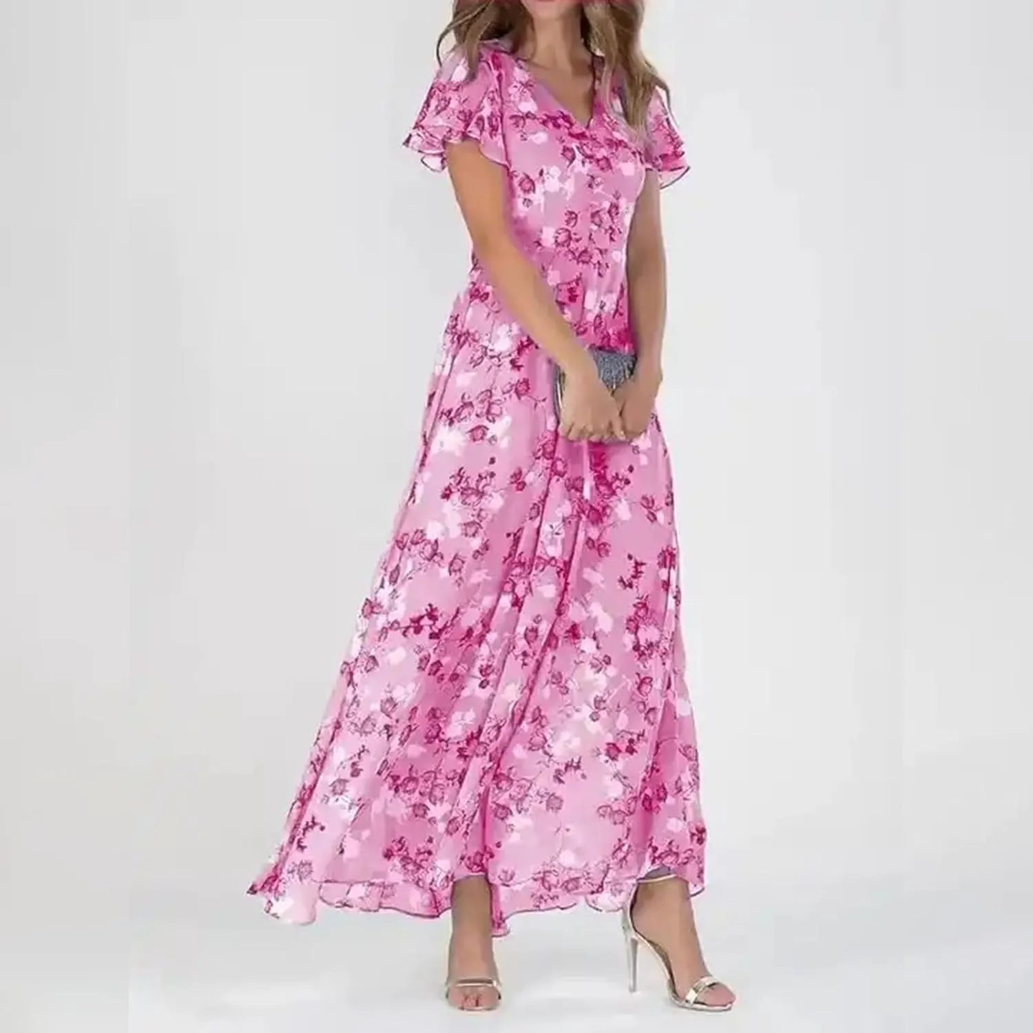 Summer Dresses for Women 2025 Swing Flowy Ruffle Hem Chiffon Floral Dresses Elegant Wrap V Neck Boho Maxi Dress