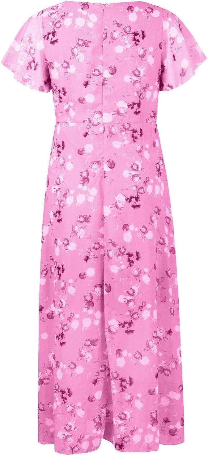 Summer Dresses for Women 2025 Swing Flowy Ruffle Hem Chiffon Floral Dresses Elegant Wrap V Neck Boho Maxi Dress