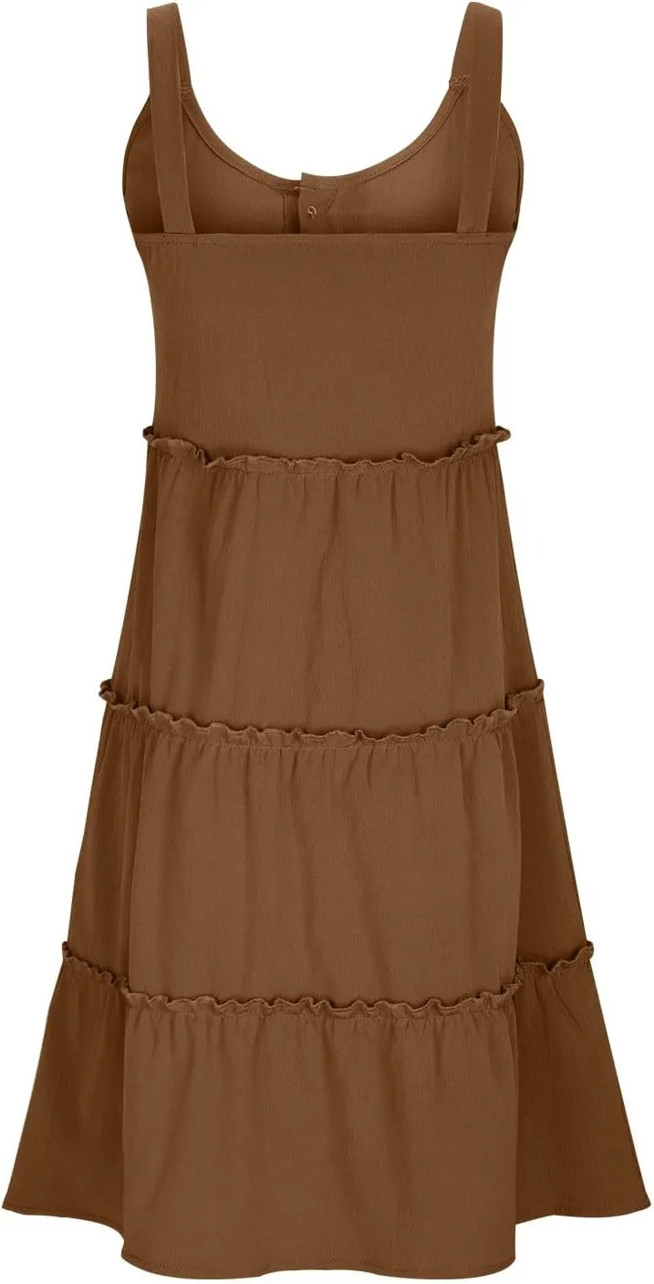 Sundresses for Women 2024 Trendy Summer Tank Dress Sleeveless Crewneck Button Down Ruffle Tiered Casual Swing Mini Dress
