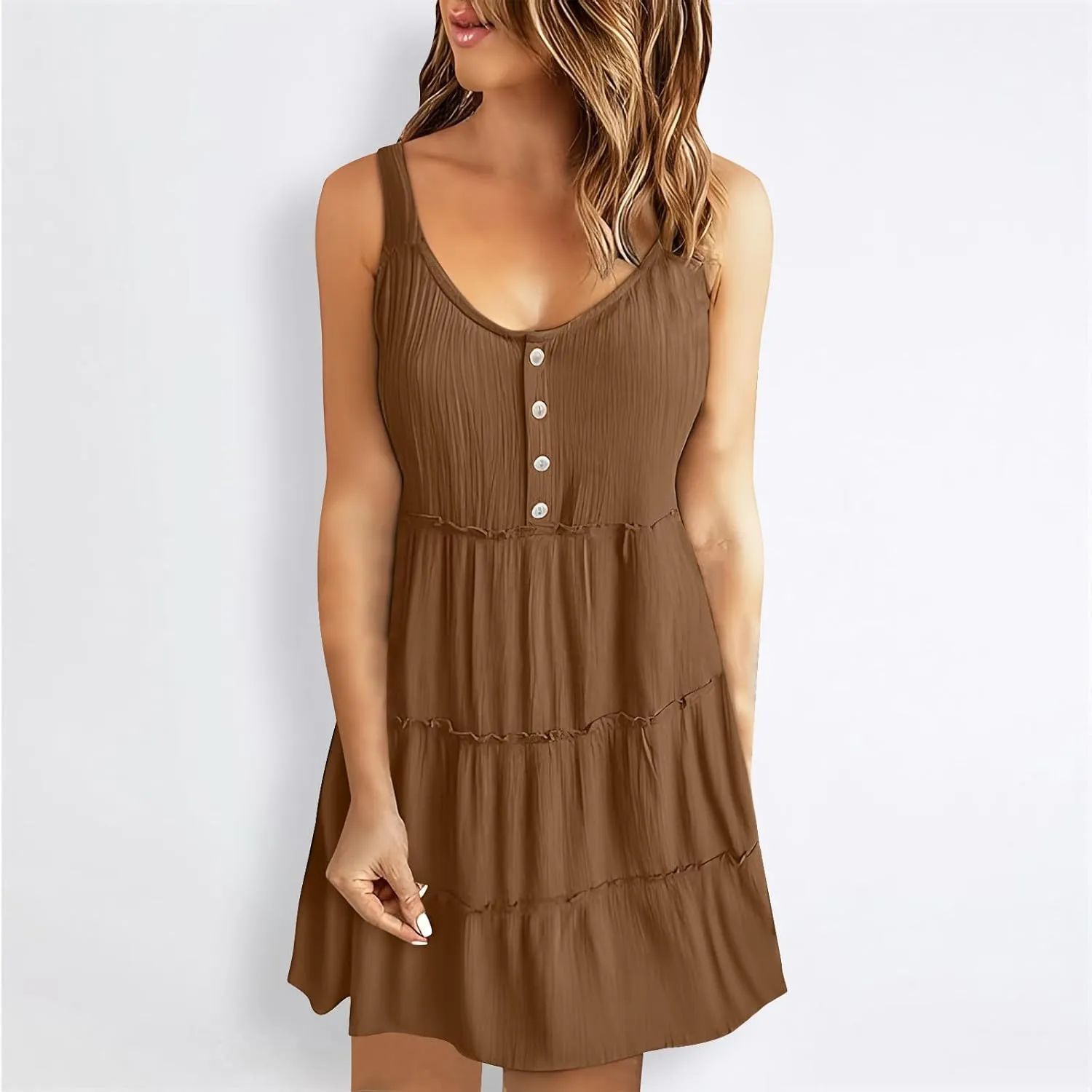 Sundresses for Women 2024 Trendy Summer Tank Dress Sleeveless Crewneck Button Down Ruffle Tiered Casual Swing Mini Dress