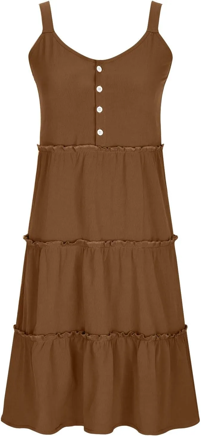 Sundresses for Women 2024 Trendy Summer Tank Dress Sleeveless Crewneck Button Down Ruffle Tiered Casual Swing Mini Dress