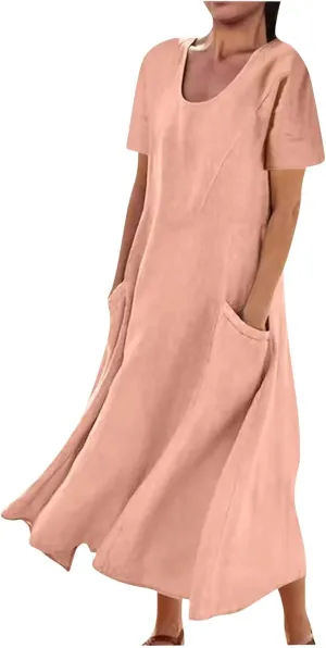 Swing Dresses for Women Summer Casual Short Sleeve Cotton Linen Dress Loose Ruffle Flowy Maxi Dress with Pockets 2025