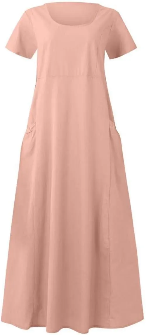 Swing Dresses for Women Summer Casual Short Sleeve Cotton Linen Dress Loose Ruffle Flowy Maxi Dress with Pockets 2025