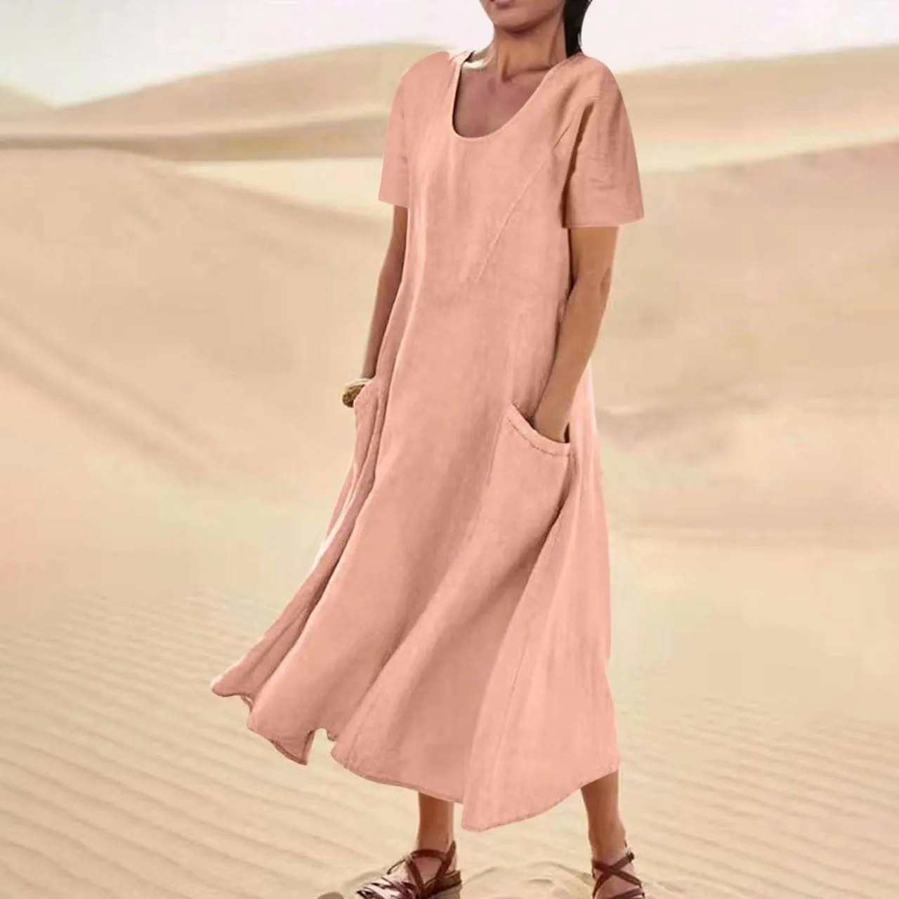 Swing Dresses for Women Summer Casual Short Sleeve Cotton Linen Dress Loose Ruffle Flowy Maxi Dress with Pockets 2025