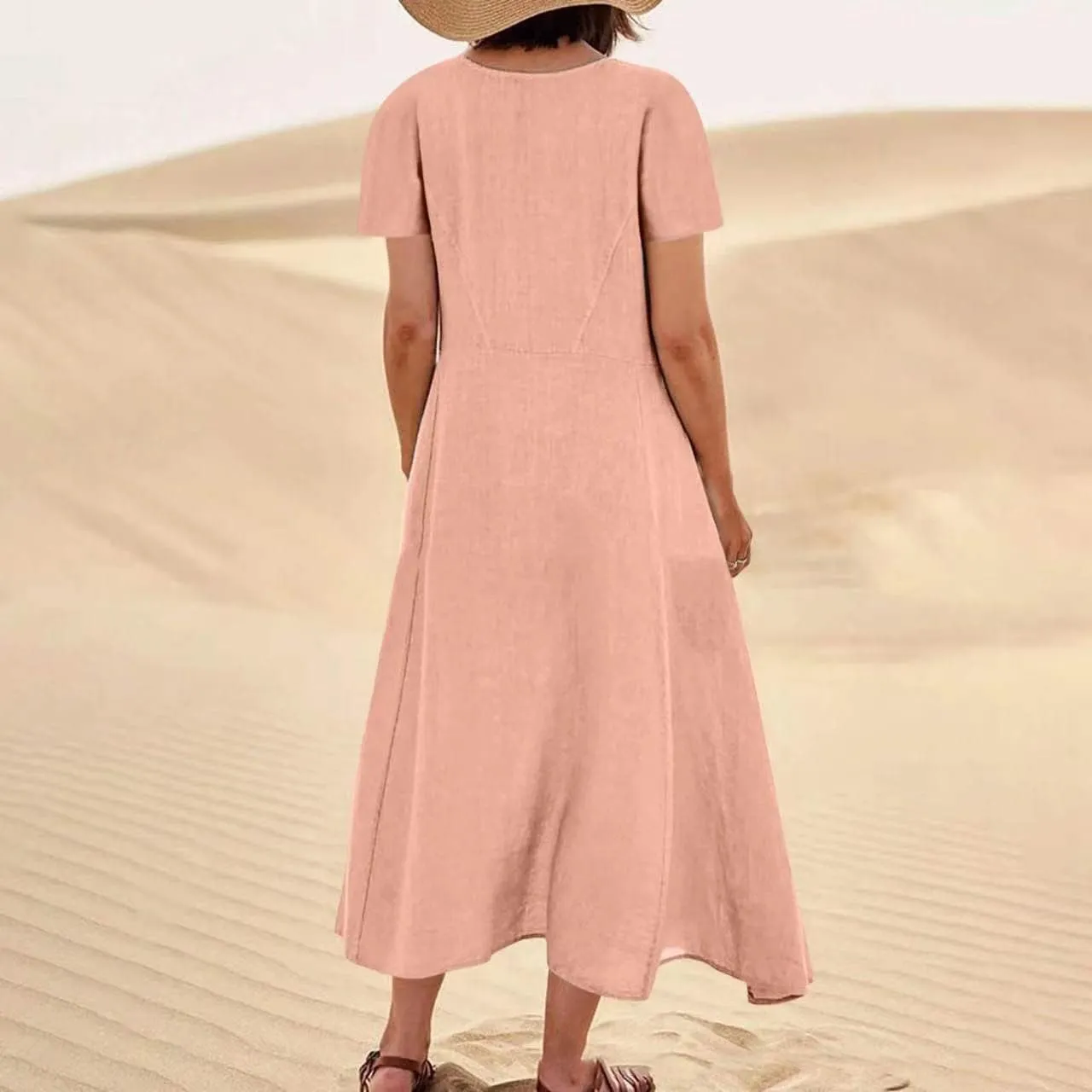 Swing Dresses for Women Summer Casual Short Sleeve Cotton Linen Dress Loose Ruffle Flowy Maxi Dress with Pockets 2025