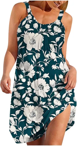 Tank Dresses for Women Vacation Hawaii Sleeveless Knee Length Casual Boho Floral Dresses Vintage Flower Print Sundress