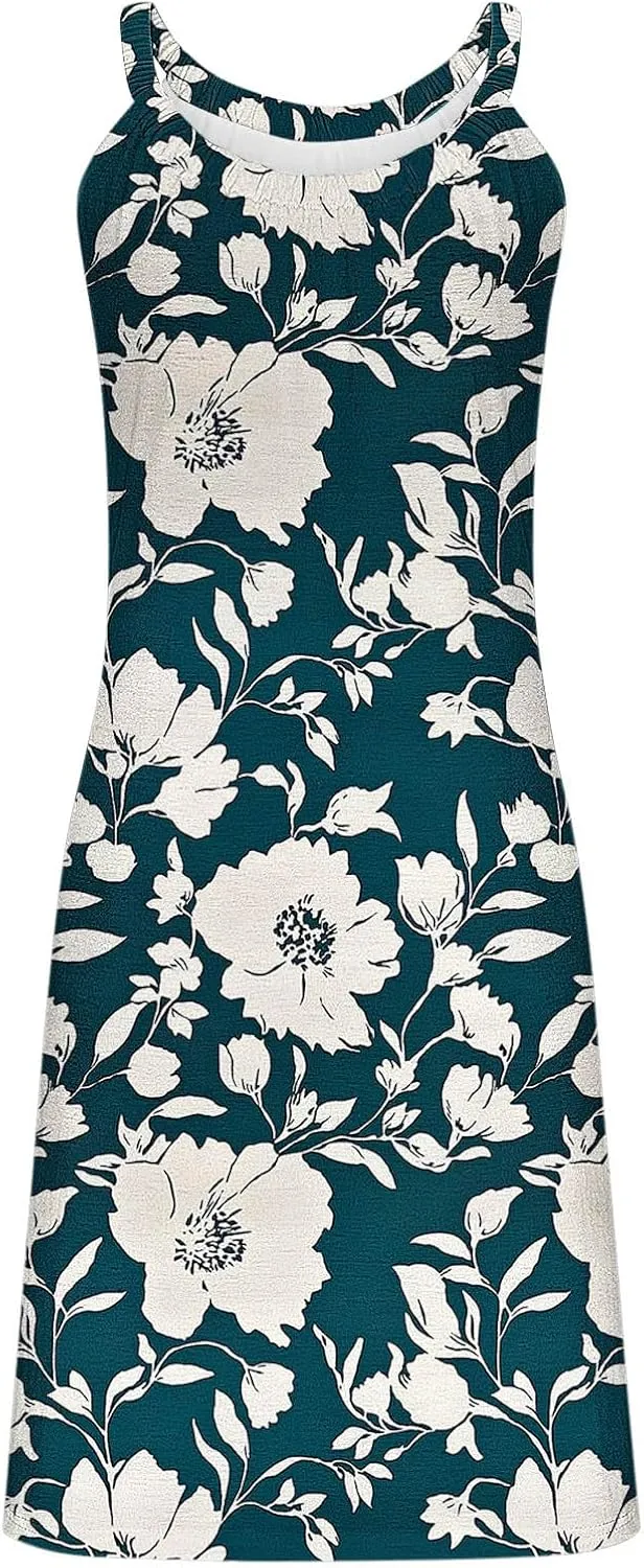 Tank Dresses for Women Vacation Hawaii Sleeveless Knee Length Casual Boho Floral Dresses Vintage Flower Print Sundress