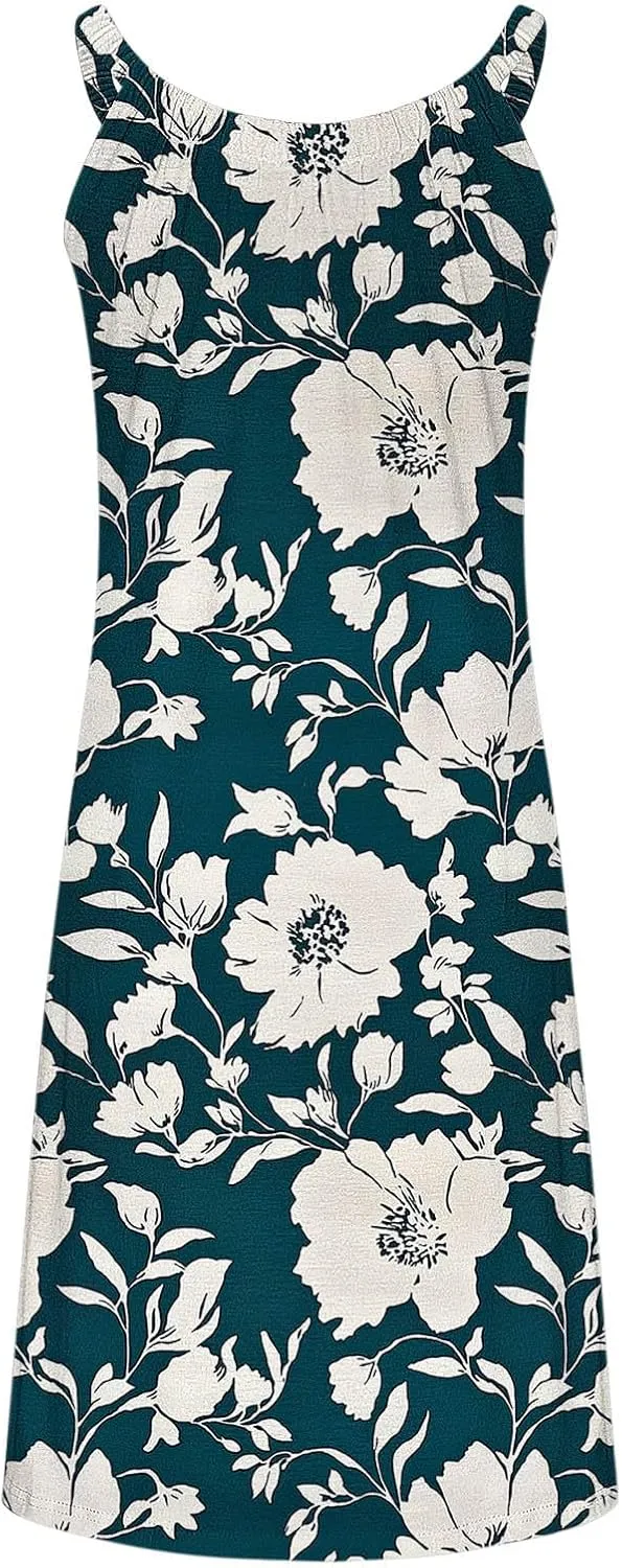 Tank Dresses for Women Vacation Hawaii Sleeveless Knee Length Casual Boho Floral Dresses Vintage Flower Print Sundress