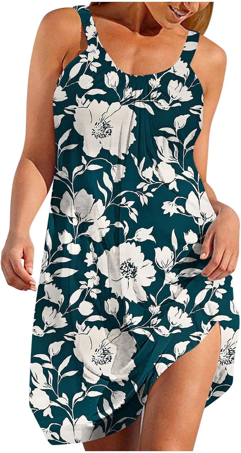 Tank Dresses for Women Vacation Hawaii Sleeveless Knee Length Casual Boho Floral Dresses Vintage Flower Print Sundress