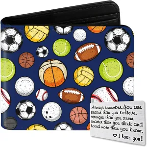 Teen Boys Wallet, Cool Balls Wallets for Kids Son 9-12/8-10/8-12 with Wallet Card, Funny Leather Bifold Rfid Blocking Wallet, Purse Coin Pocket Id Window for Men Boy Male Youth Guys Gifts