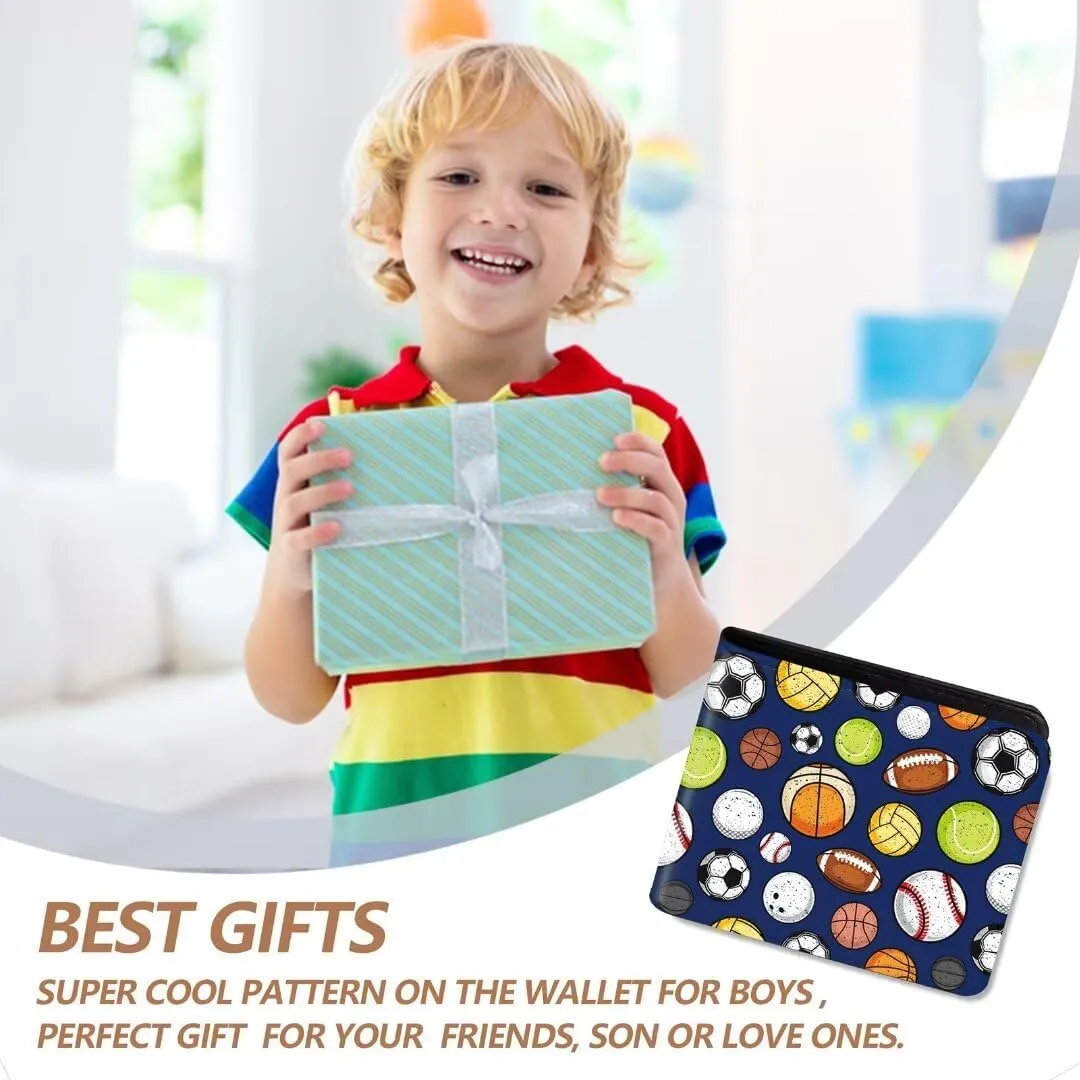 Teen Boys Wallet, Cool Balls Wallets for Kids Son 9-12/8-10/8-12 with Wallet Card, Funny Leather Bifold Rfid Blocking Wallet, Purse Coin Pocket Id Window for Men Boy Male Youth Guys Gifts