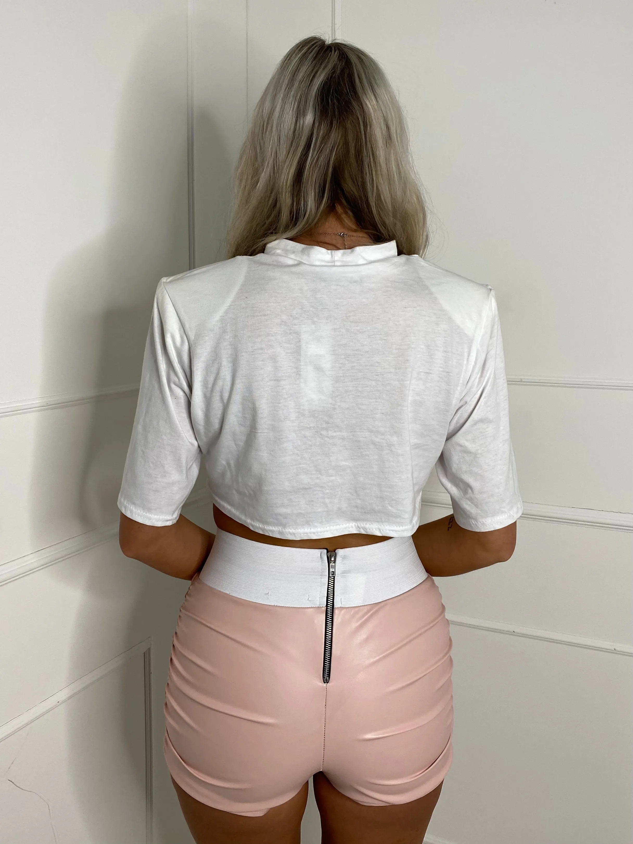 Thick Band Ruched Side PU Shorts -  Baby Pink
