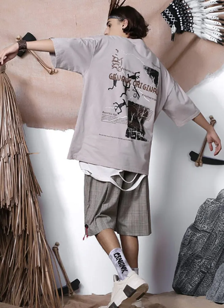 Tribal Cartoon Print Drop-Shoulder Sleeve T-Shirt