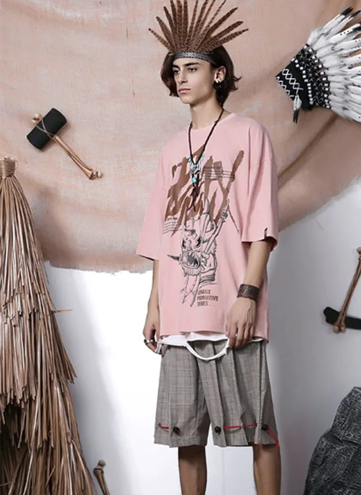 Tribal Cartoon Print Drop-Shoulder Sleeve T-Shirt
