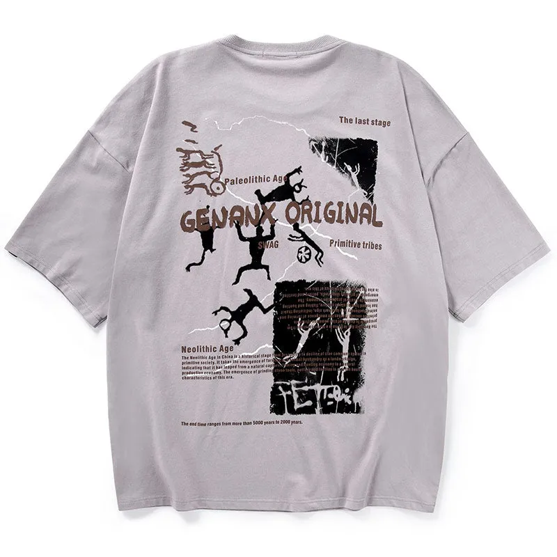 Tribal Cartoon Print Drop-Shoulder Sleeve T-Shirt