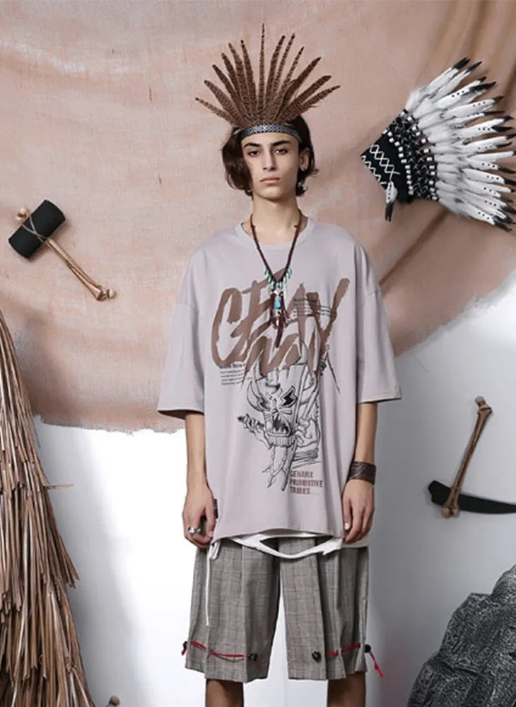 Tribal Cartoon Print Drop-Shoulder Sleeve T-Shirt