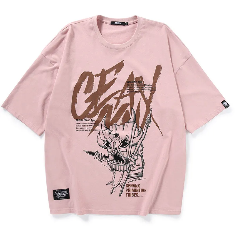 Tribal Cartoon Print Drop-Shoulder Sleeve T-Shirt