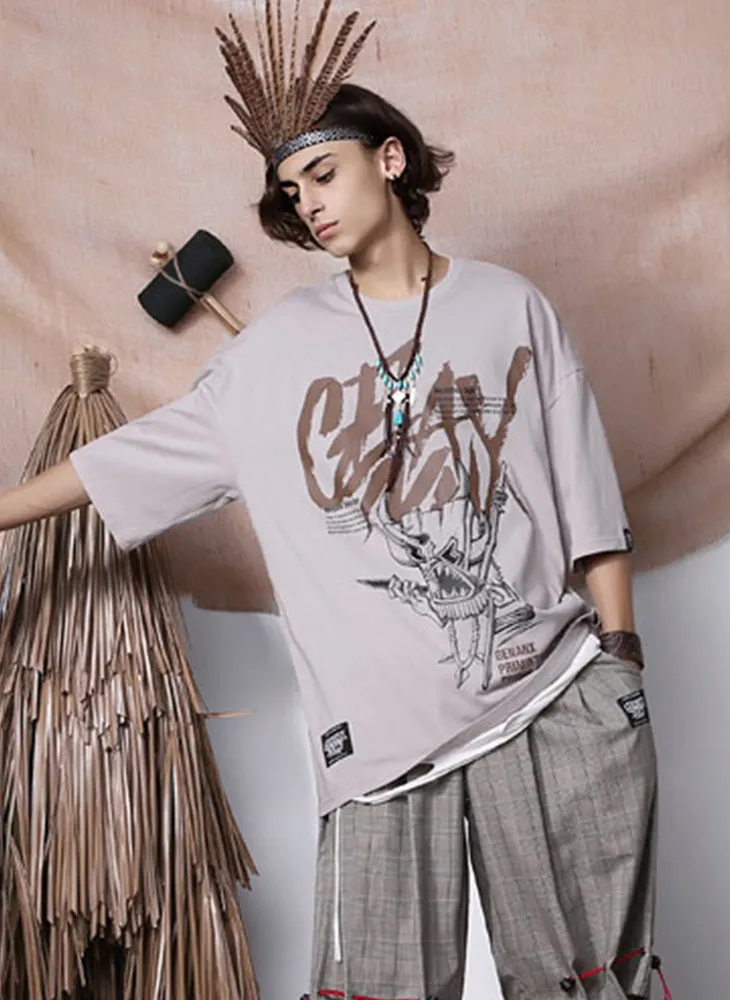Tribal Cartoon Print Drop-Shoulder Sleeve T-Shirt