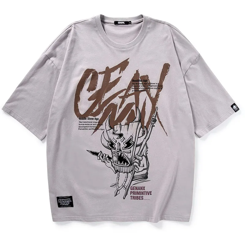 Tribal Cartoon Print Drop-Shoulder Sleeve T-Shirt