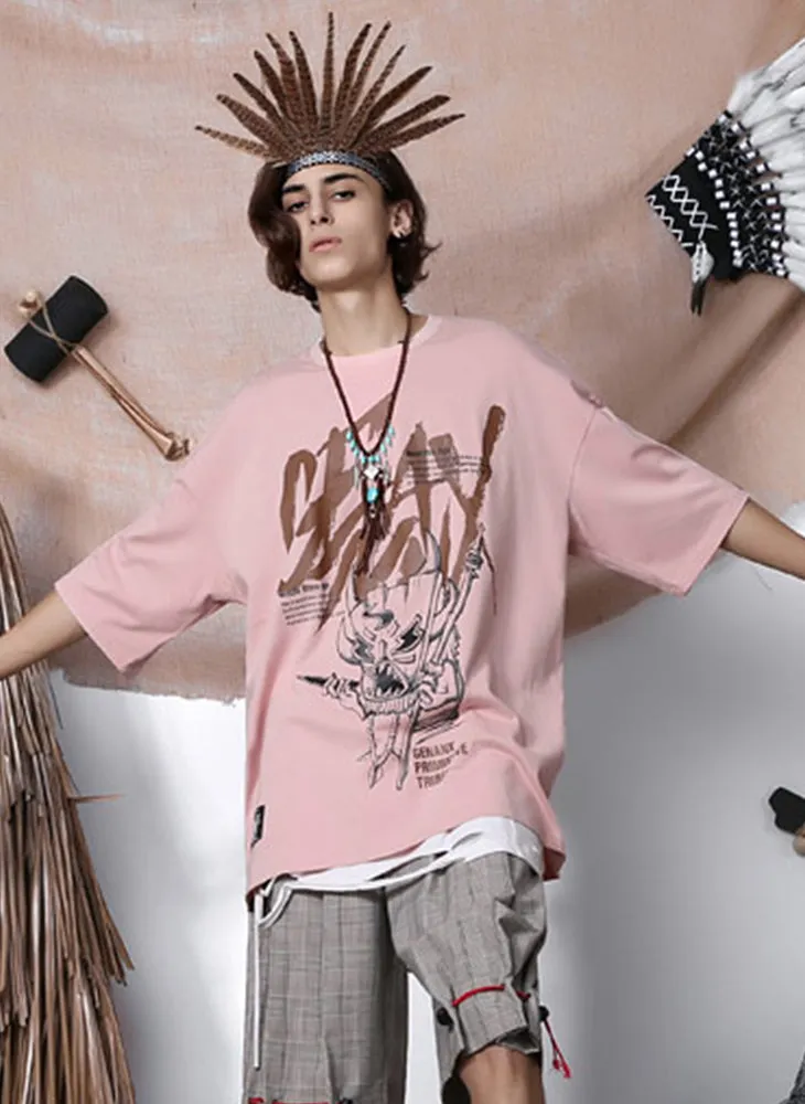 Tribal Cartoon Print Drop-Shoulder Sleeve T-Shirt