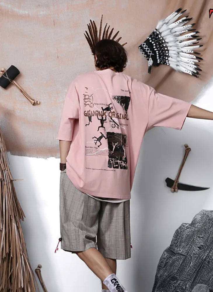 Tribal Cartoon Print Drop-Shoulder Sleeve T-Shirt