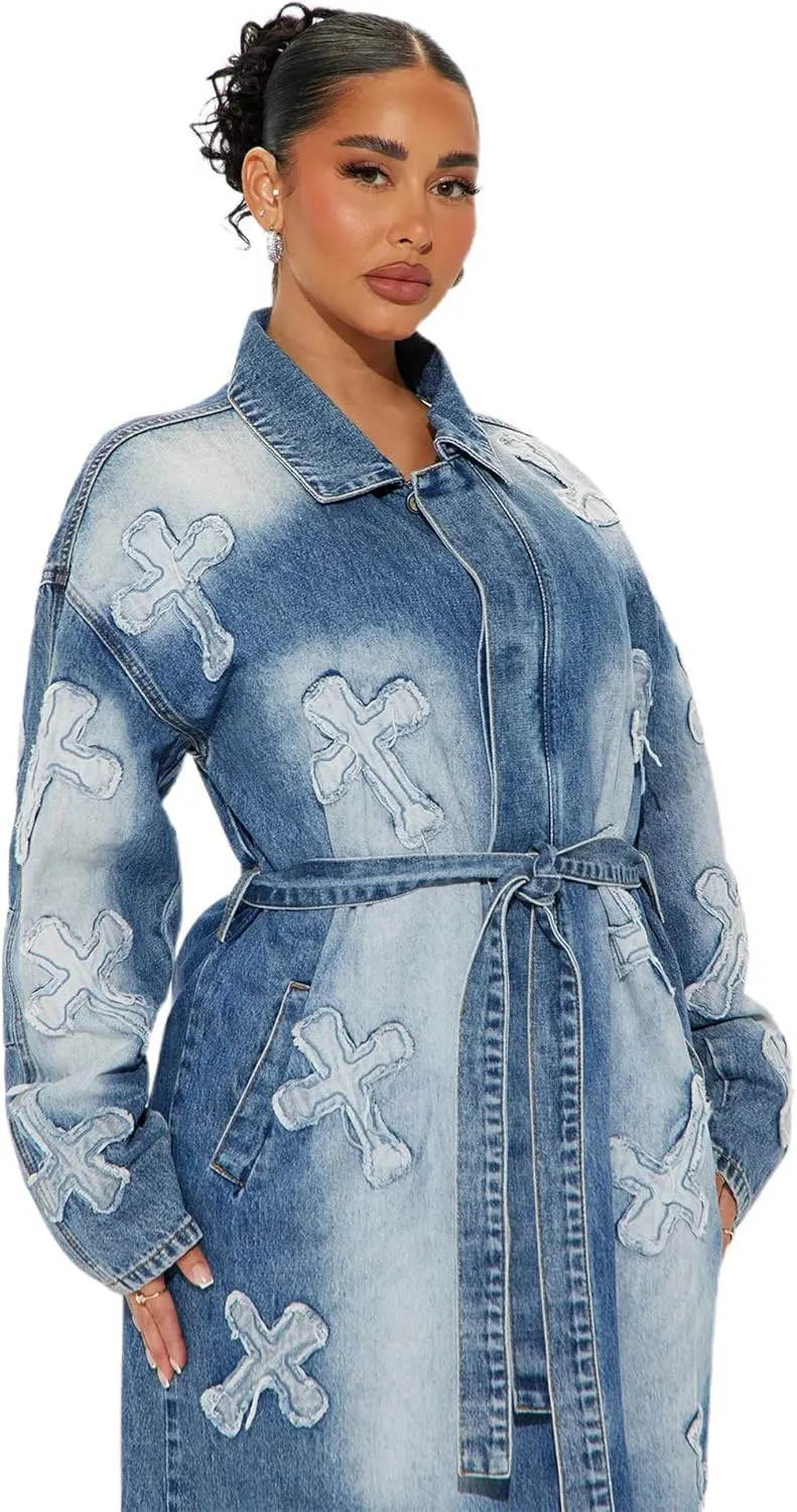 utcoco Women's Fashion Cross Embroidery Pattern Maxi Long Denim Jacket Trench Coat with Belt