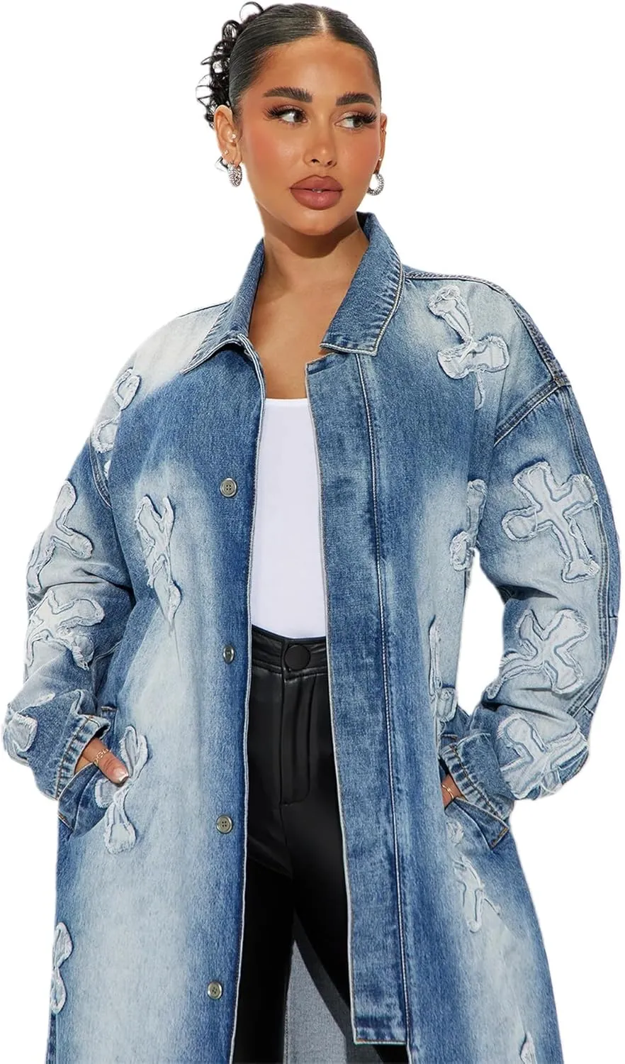 utcoco Women's Fashion Cross Embroidery Pattern Maxi Long Denim Jacket Trench Coat with Belt