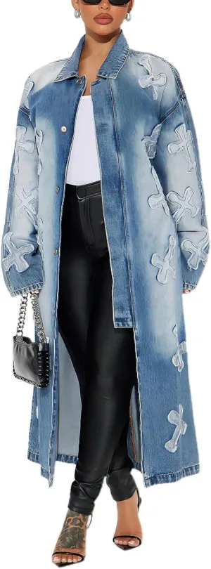 utcoco Women's Fashion Cross Embroidery Pattern Maxi Long Denim Jacket Trench Coat with Belt