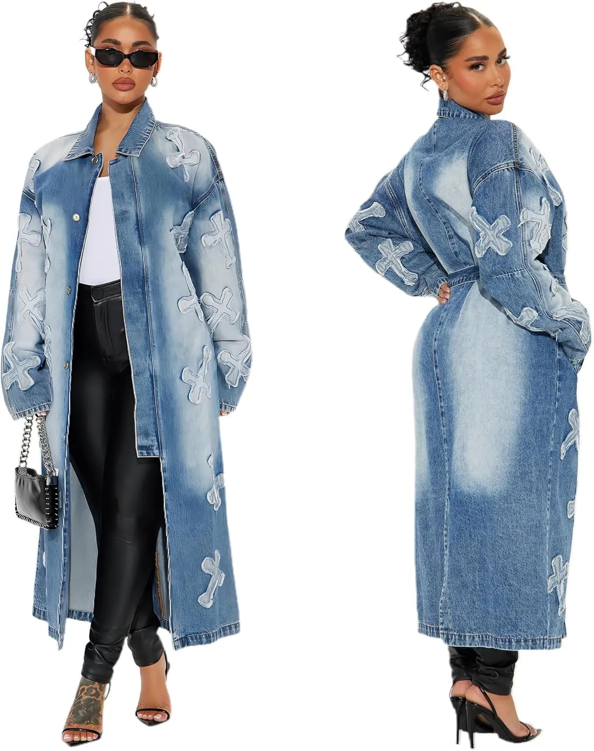 utcoco Women's Fashion Cross Embroidery Pattern Maxi Long Denim Jacket Trench Coat with Belt