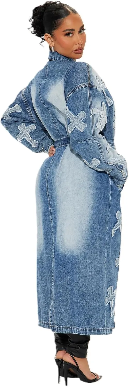 utcoco Women's Fashion Cross Embroidery Pattern Maxi Long Denim Jacket Trench Coat with Belt