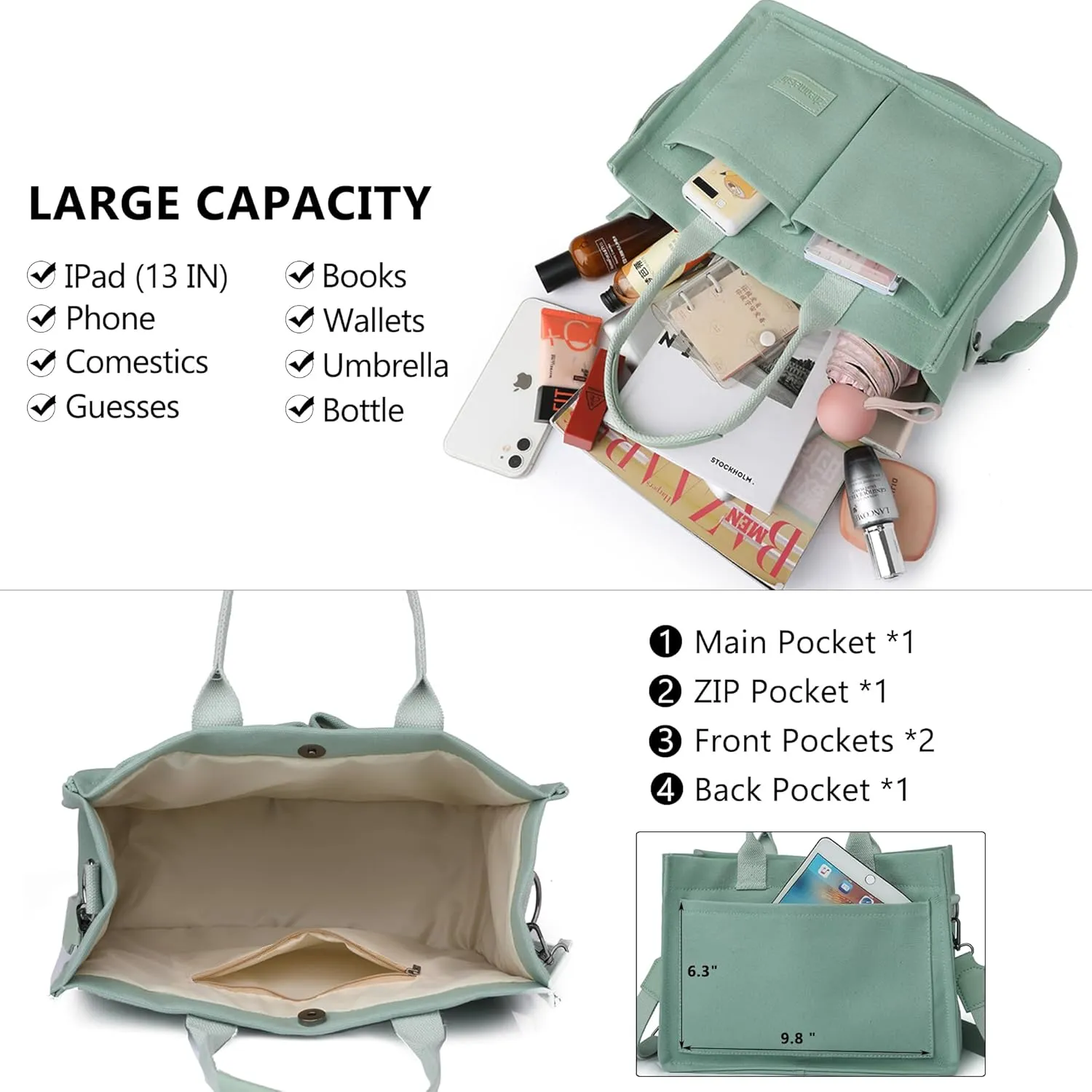 VODIU Canvas Tote Bag for Women,Laptop Bag Work Tote Bag Women Crossbody Purse Handbag Shoulder Travel Messenger Gym Tote