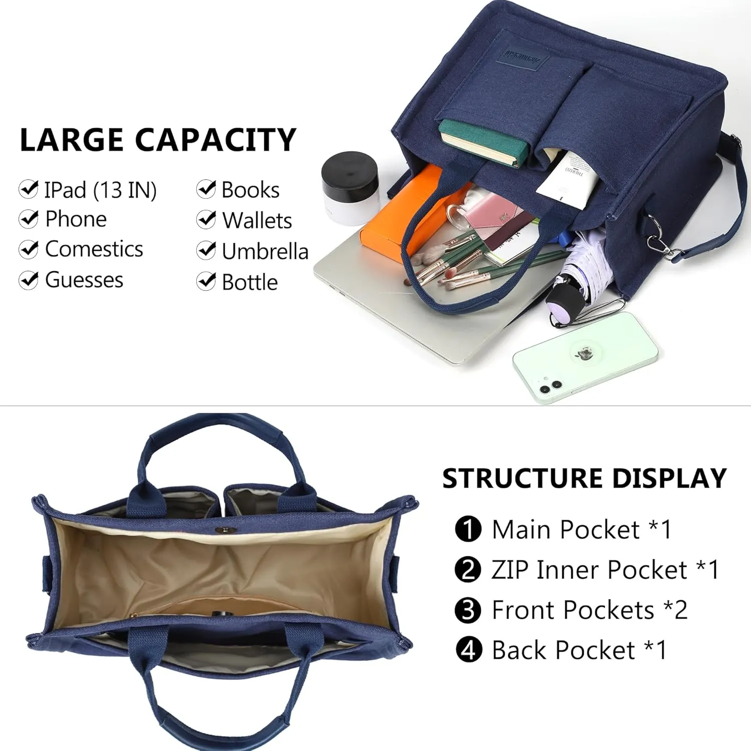 VODIU Canvas Tote Bag for Women,Laptop Bag Work Tote Bag Women Crossbody Purse Handbag Shoulder Travel Messenger Gym Tote