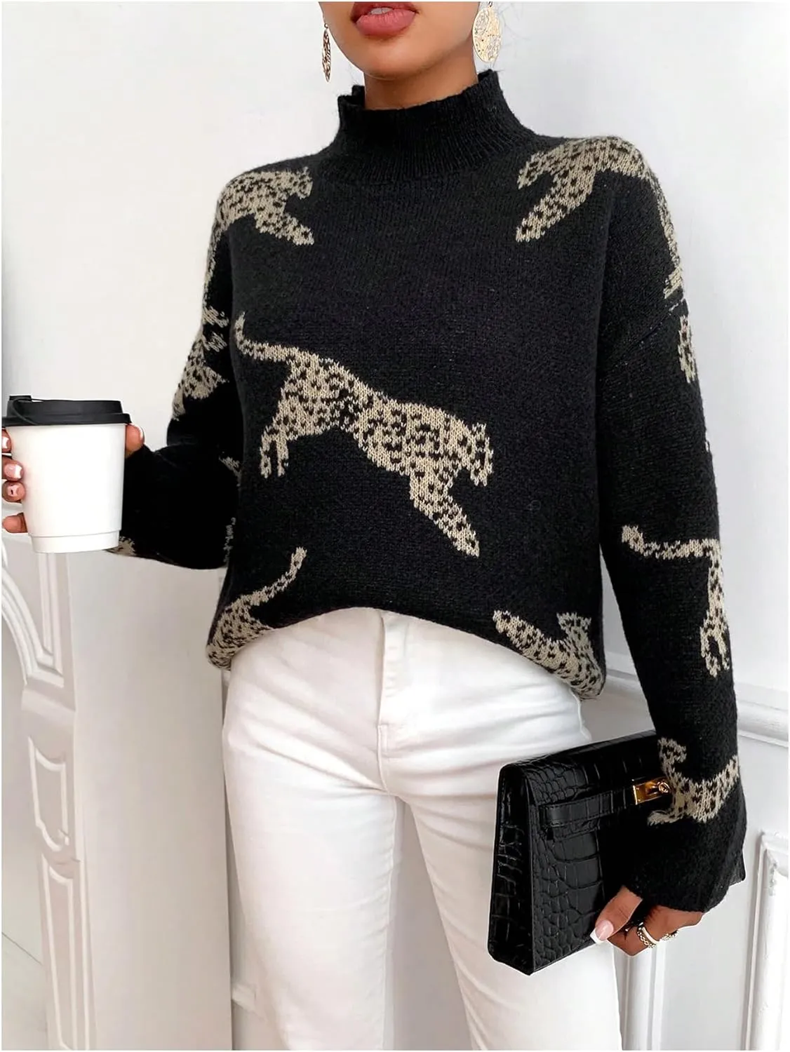 WDIRARA Women's High Neck Sweater Leopard Pattern Long Sleeve Fuzzy Knitted Pullover Top