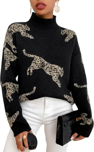 WDIRARA Women's High Neck Sweater Leopard Pattern Long Sleeve Fuzzy Knitted Pullover Top