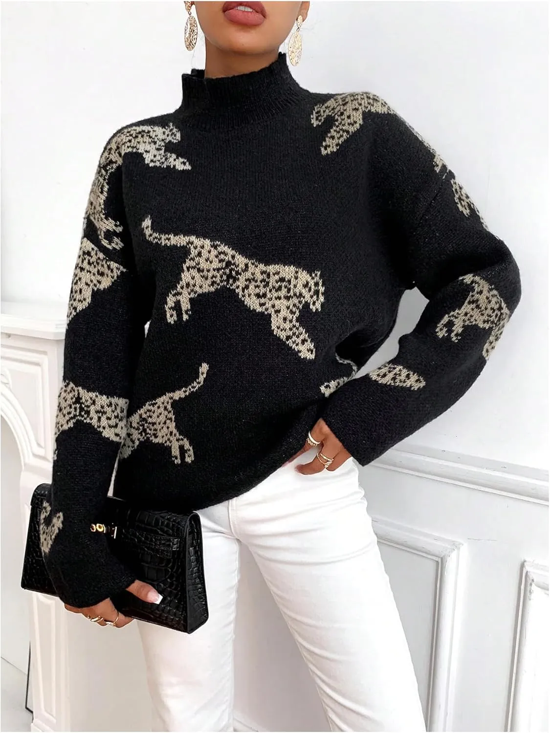 WDIRARA Women's High Neck Sweater Leopard Pattern Long Sleeve Fuzzy Knitted Pullover Top