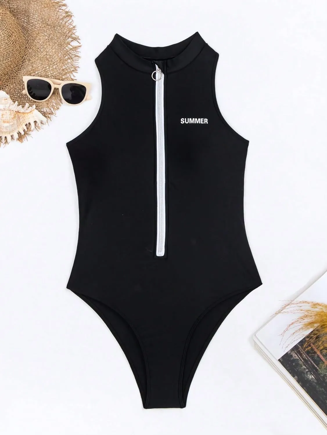 WDIRARA Women's Zip Front One Piece Swimsuit Letter Print Bathing Suits Sleeveless Racer Back Swimwear