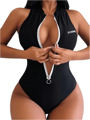 WDIRARA Women's Zip Front One Piece Swimsuit Letter Print Bathing Suits Sleeveless Racer Back Swimwear