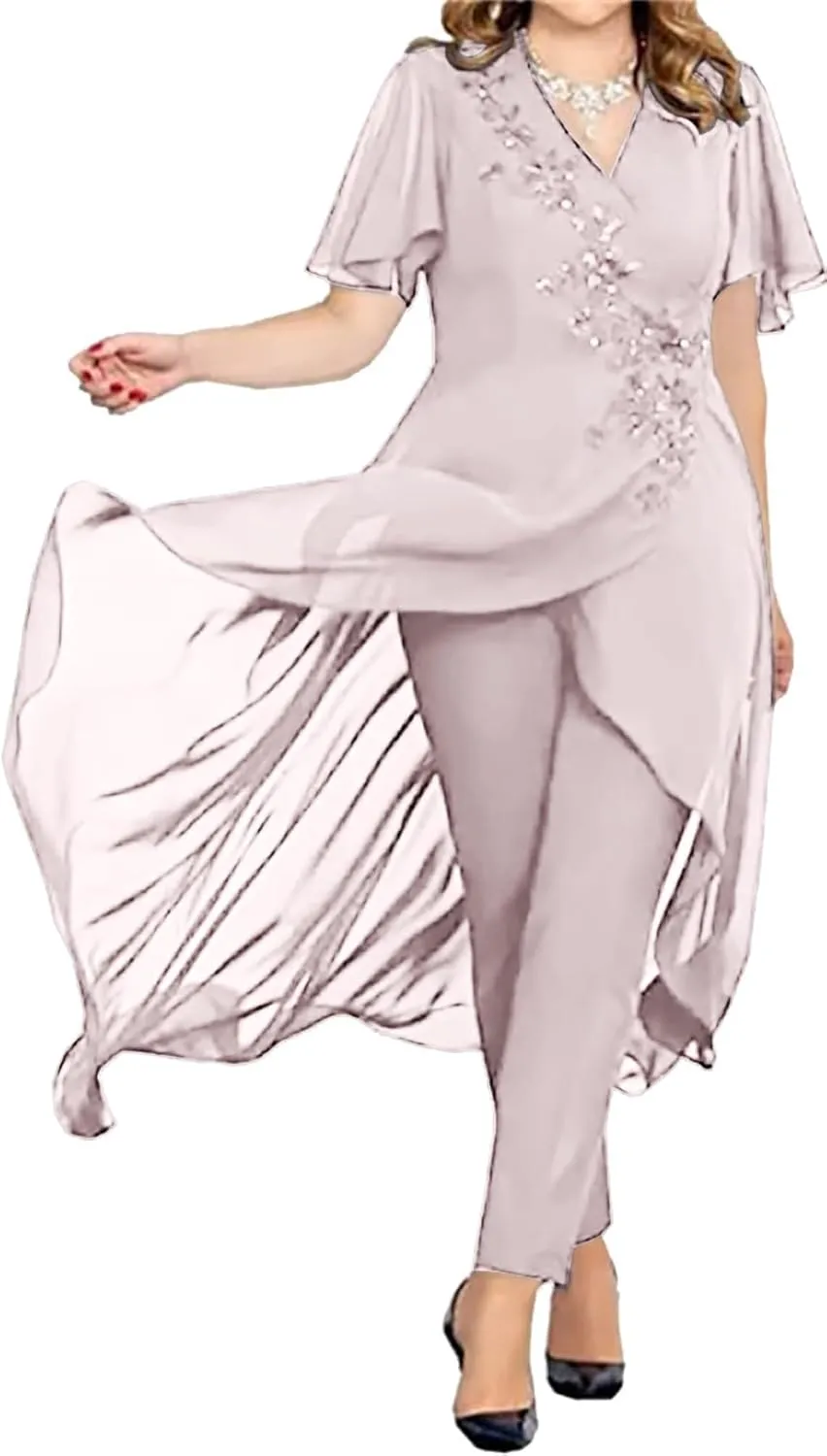 Women's Chiffon Mother of The Bride Dress 2 Pieces Pants Suits V Neck Mother of Groom Pantsuits for Wedding