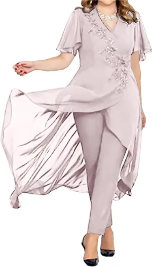 Women's Chiffon Mother of The Bride Dress 2 Pieces Pants Suits V Neck Mother of Groom Pantsuits for Wedding