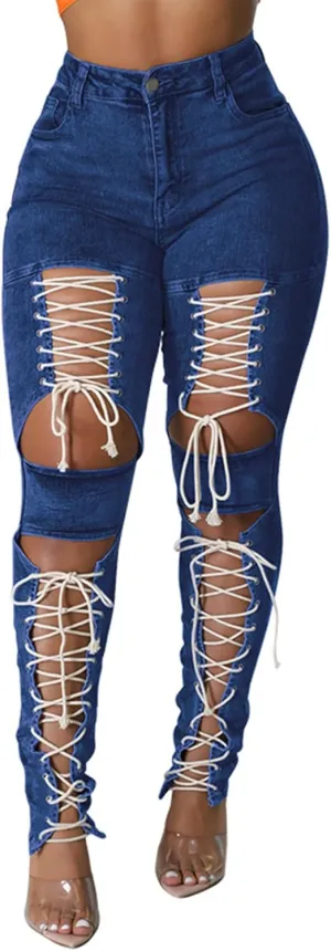 xxxiticat Women's Lace Up Denim Pants High Waist Cutout Bandage Criss Cross Bow Tie Destroyed Hollow Out Jean Trousers