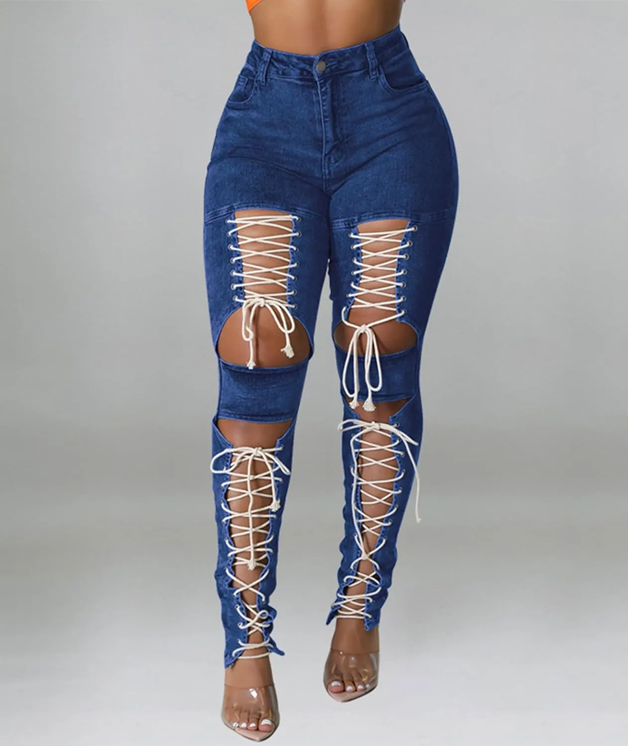 xxxiticat Women's Lace Up Denim Pants High Waist Cutout Bandage Criss Cross Bow Tie Destroyed Hollow Out Jean Trousers