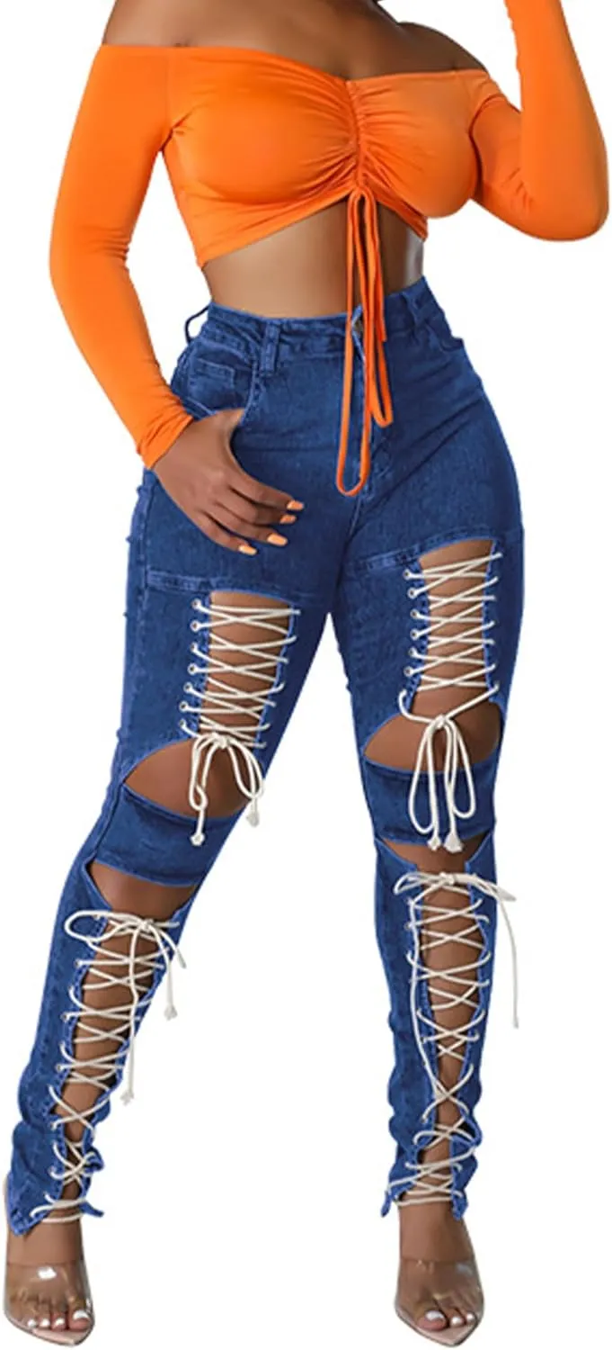xxxiticat Women's Lace Up Denim Pants High Waist Cutout Bandage Criss Cross Bow Tie Destroyed Hollow Out Jean Trousers